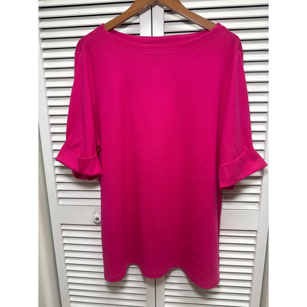 Karen Scott Women 1X Hot Pink Boat Neck Cuffed Elbow Sleeve Knit Top